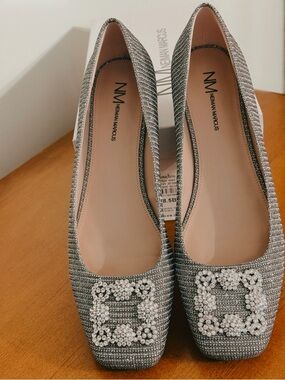Neiman Marcus Silver Crystal-Embellished Square-Toe Flats